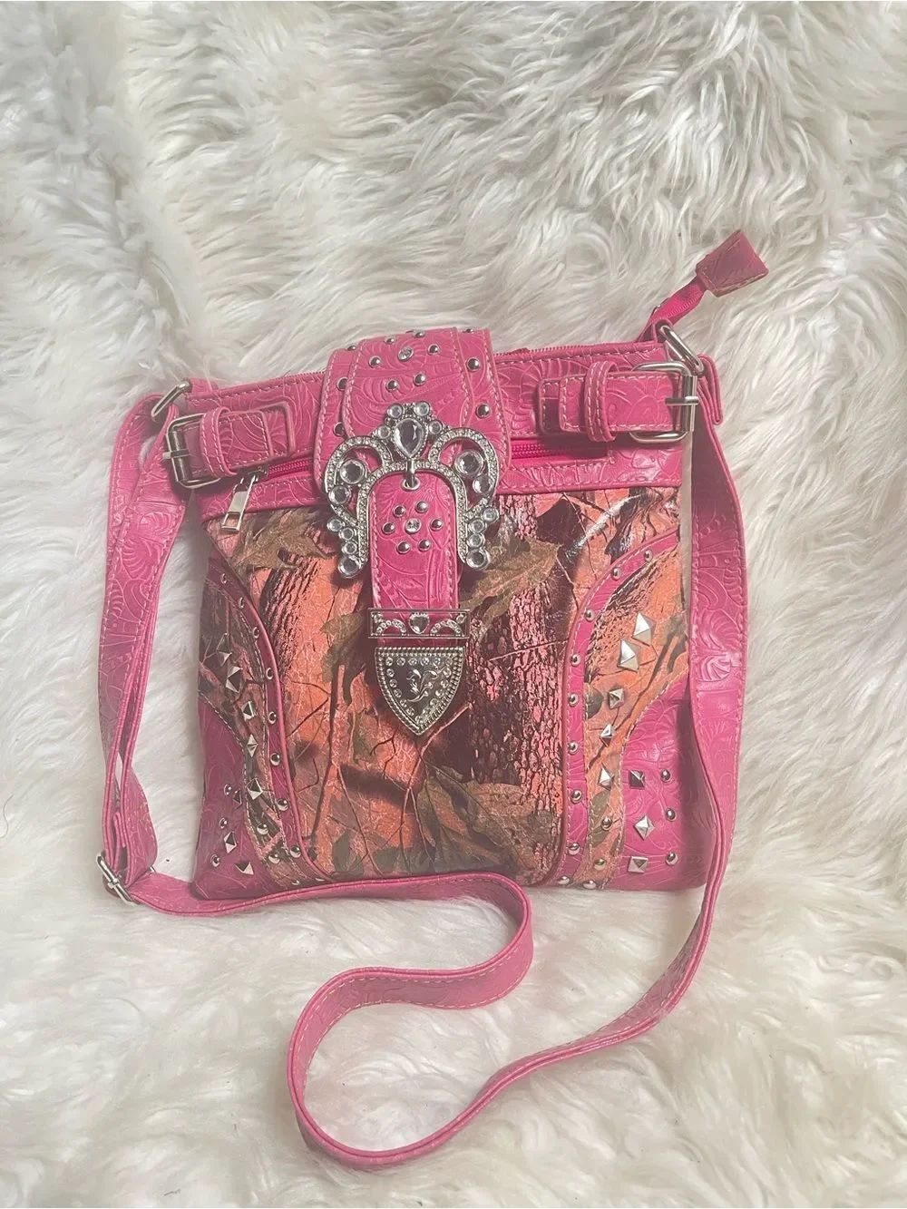 Pink & Brown synthetic crossbody bag rhinestones & studs accents